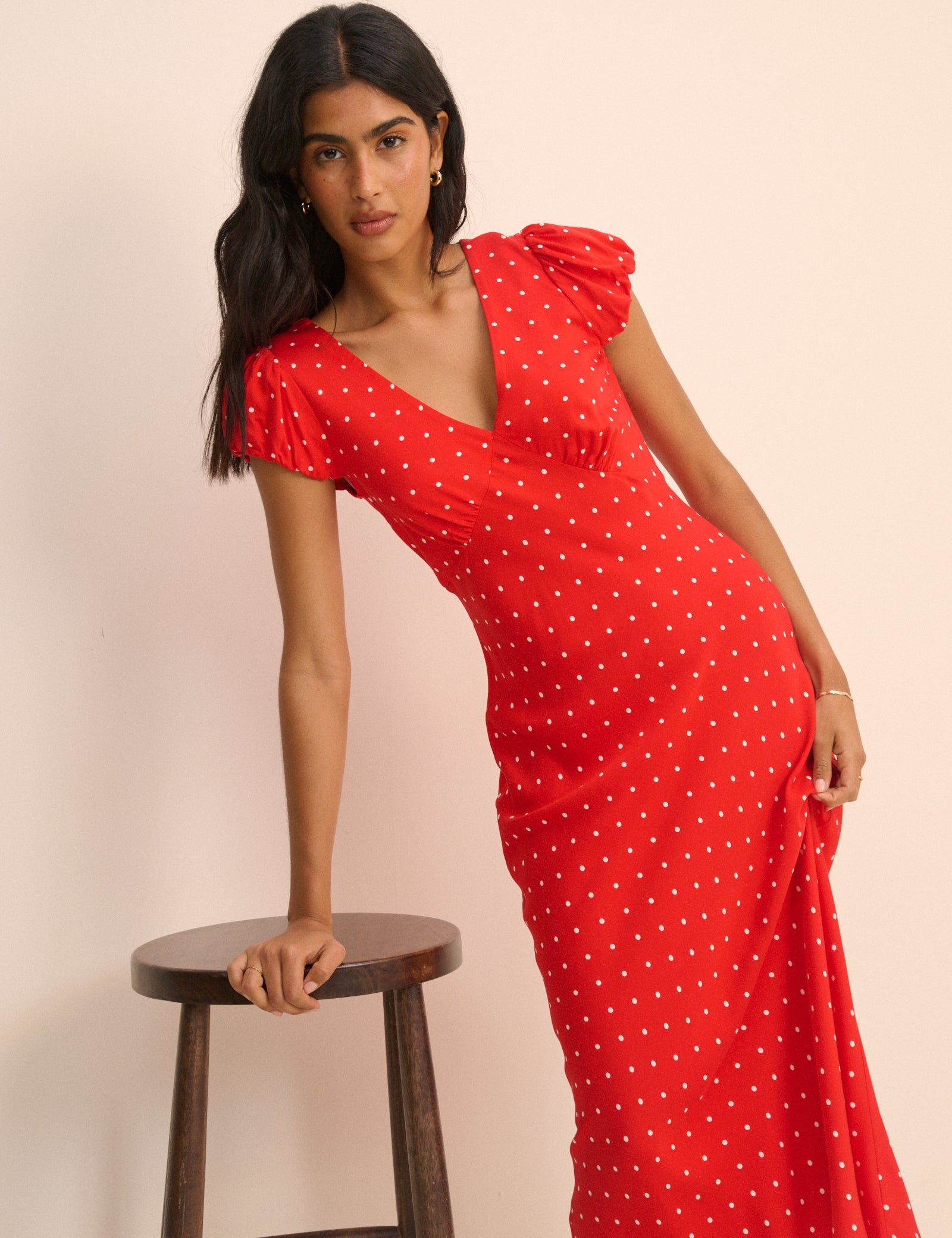 Red Polka Dot V-Neck Lina Midi Dress
