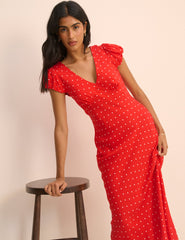 Red Polka Dot V-Neck Lina Midi Dress
