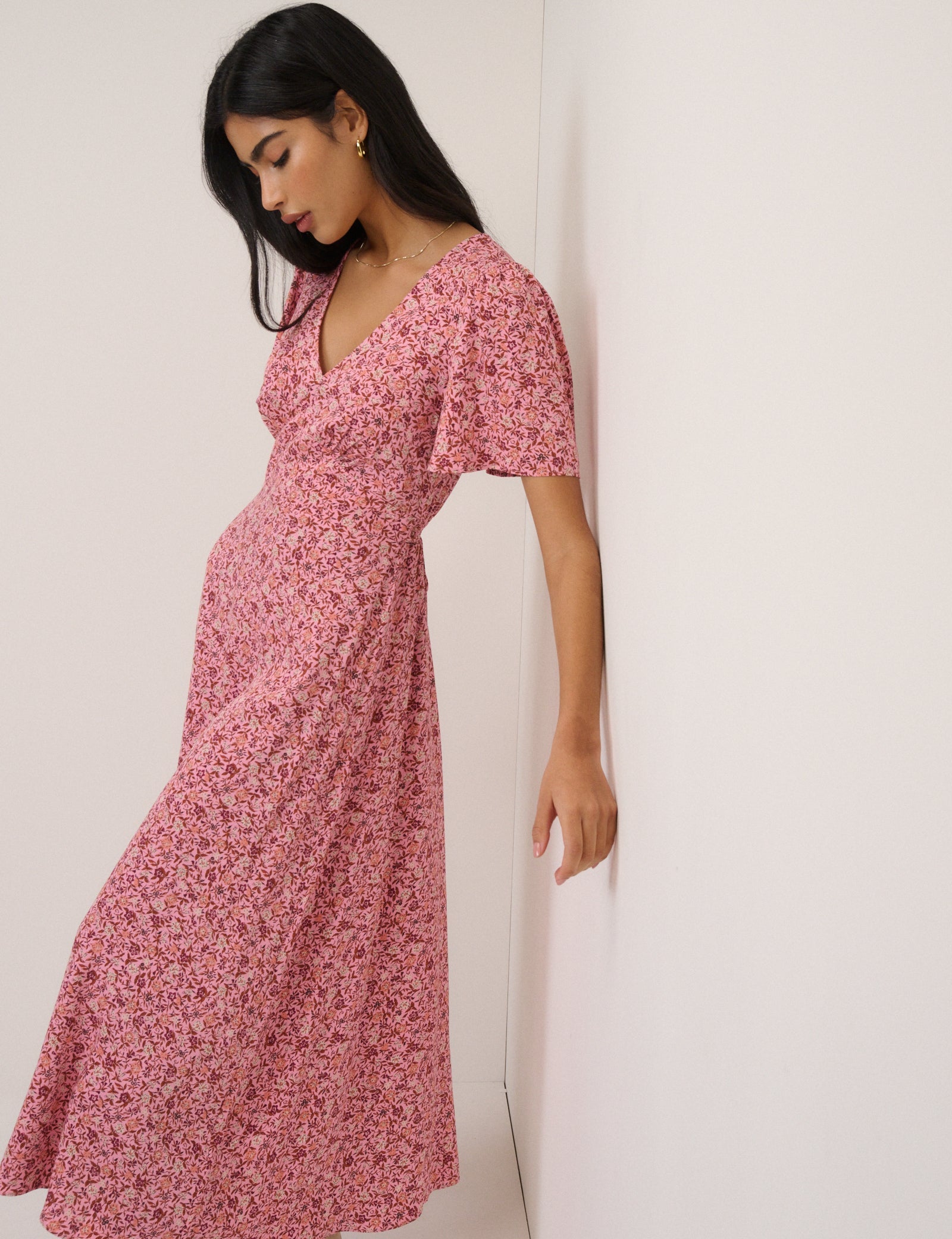 Pink Floral Atlas Midi Dress