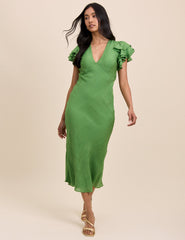 Green Frill Sleeve Layla Midi Dress