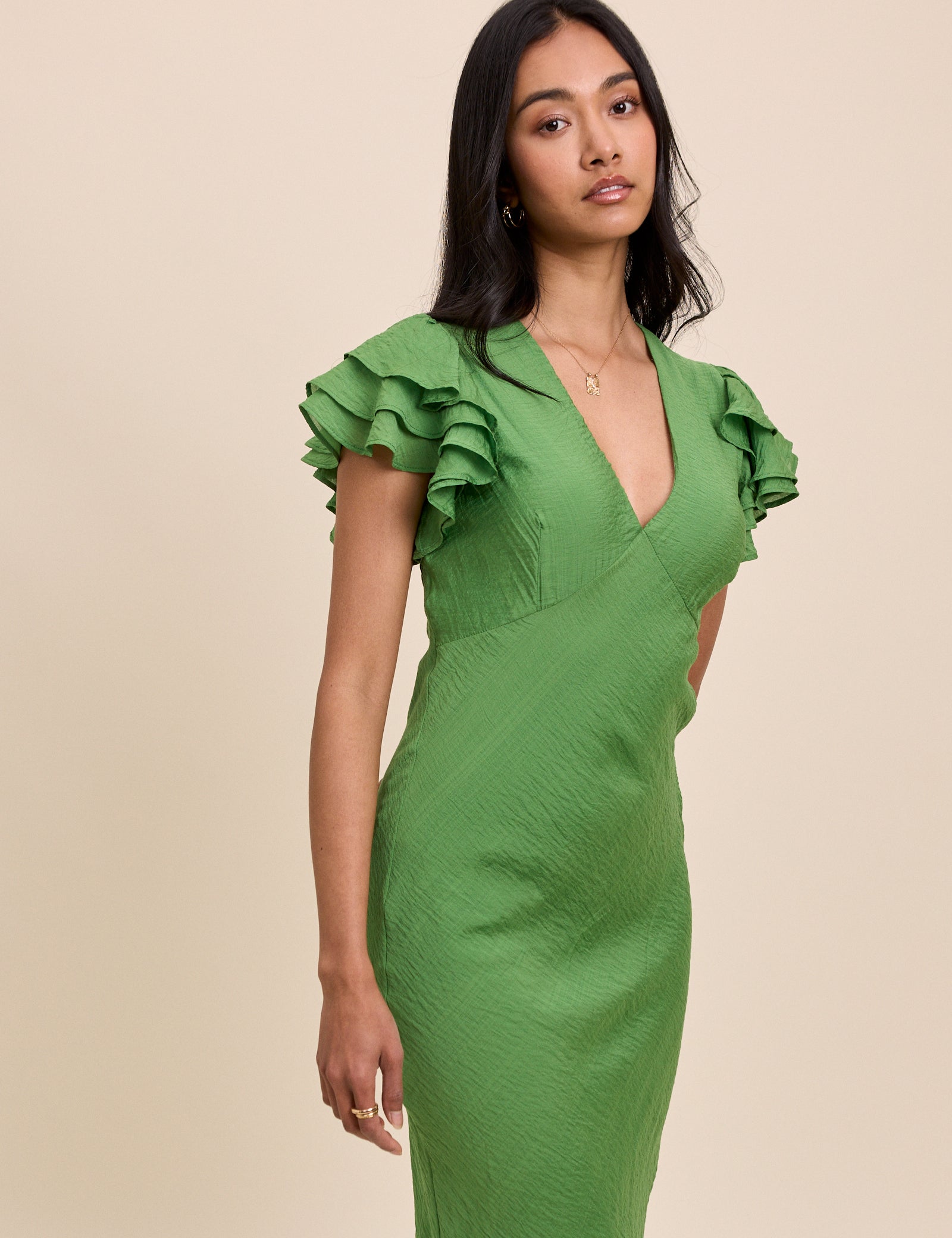 Green Frill Sleeve Layla Midi Dress