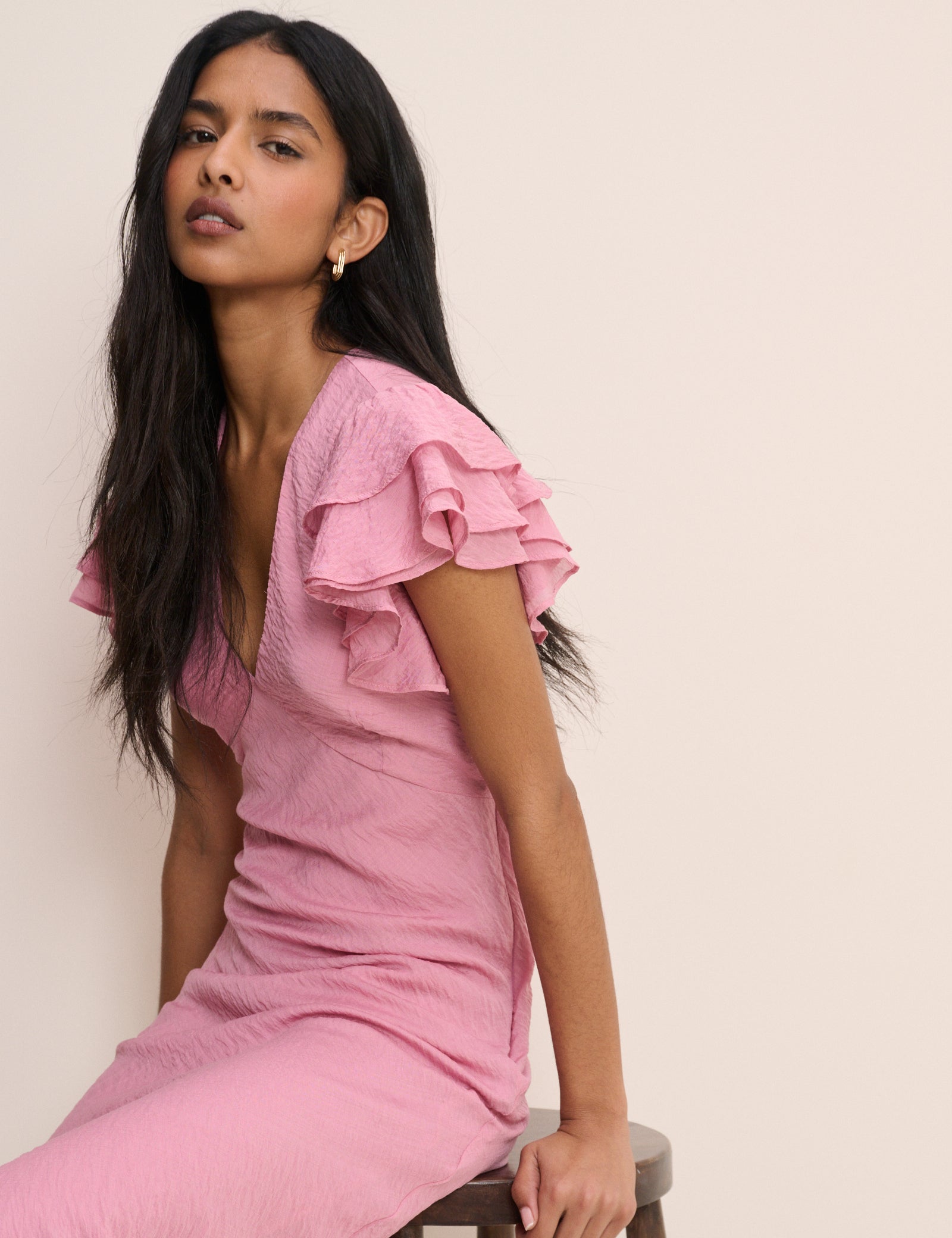 Pink Frill Sleeve Layla Midi Dress