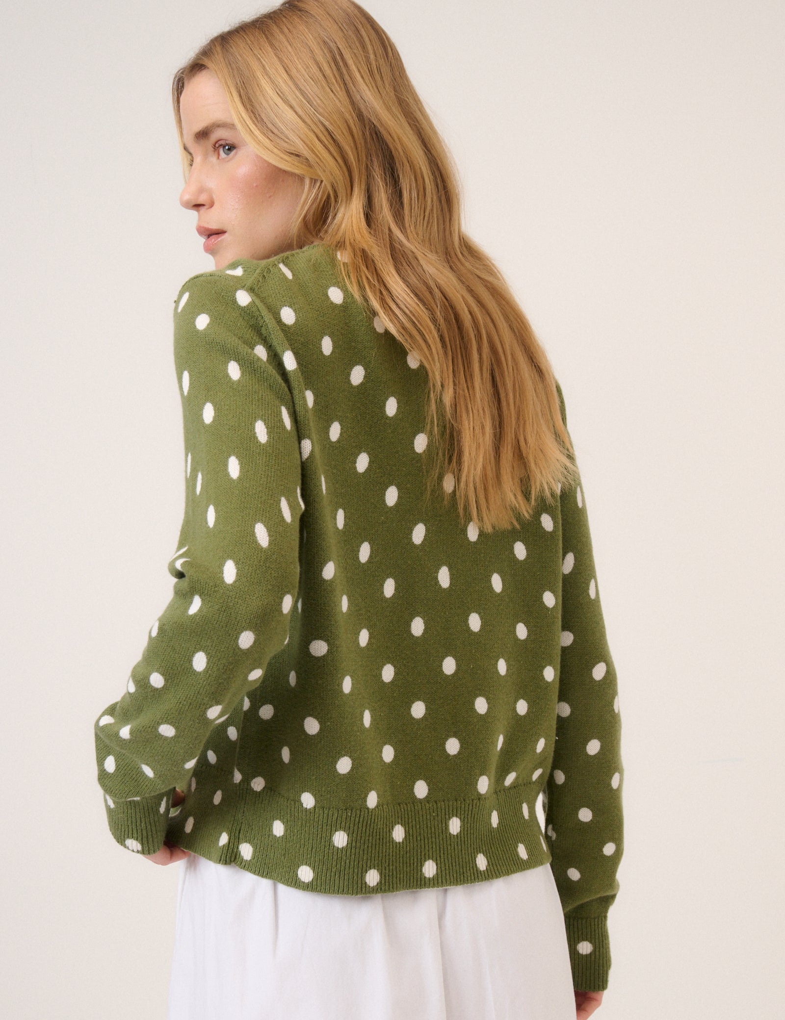 Green Polka Crew Neck Cardigan