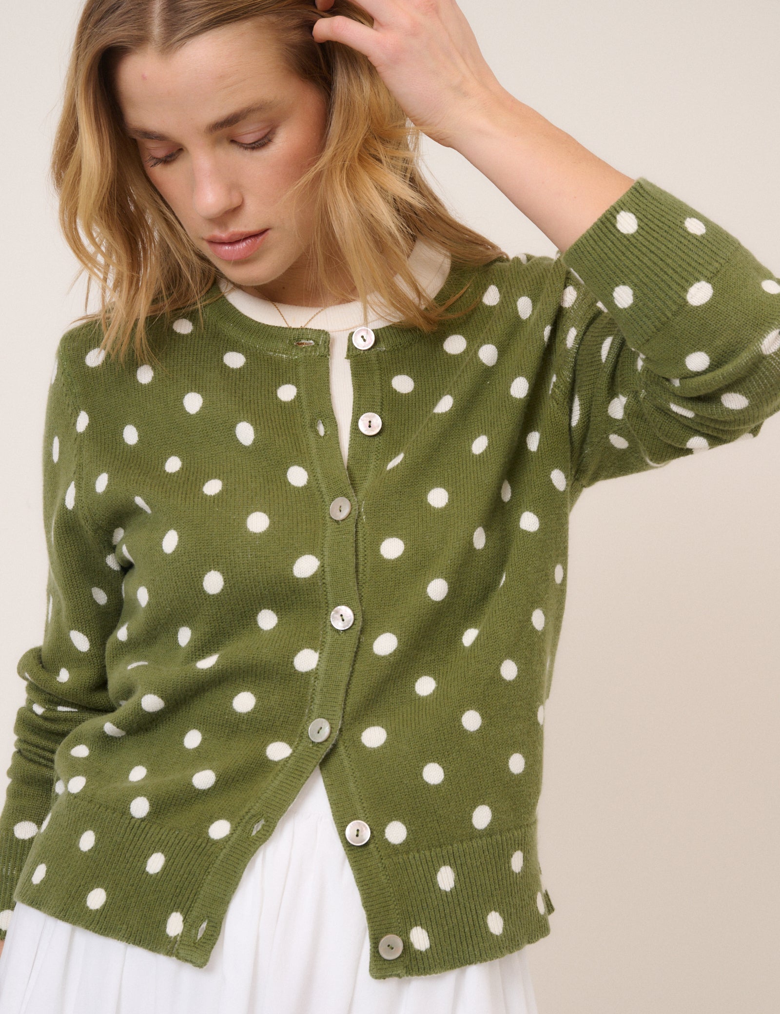Green Polka Crew Neck Cardigan