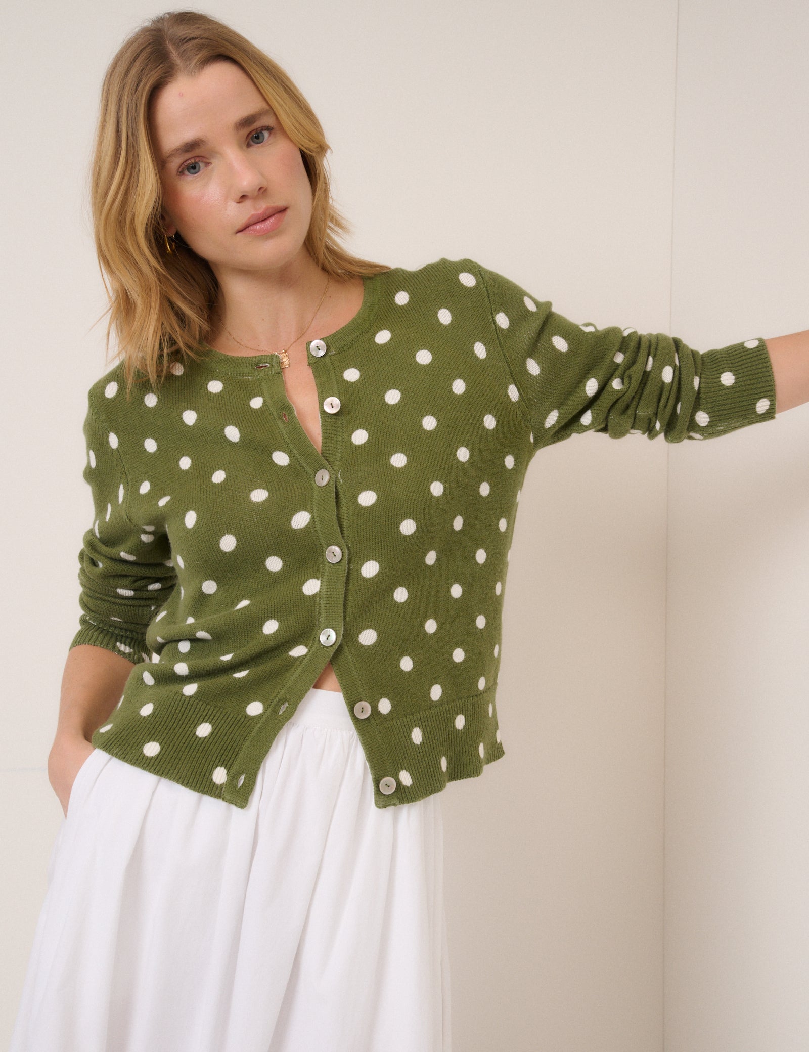Green Polka Crew Neck Cardigan