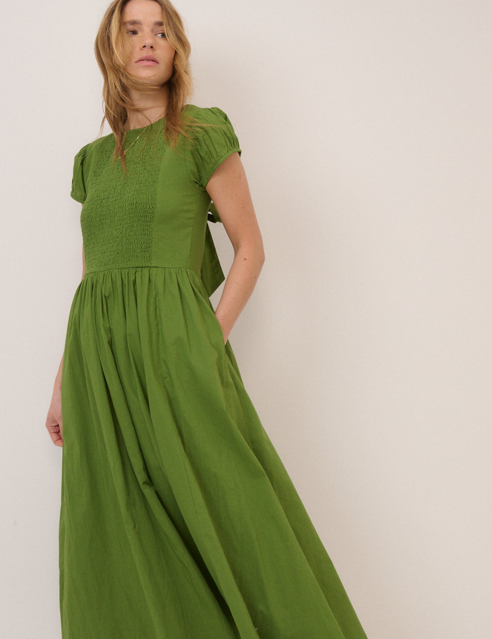 Green Puff Sleeve Allison Midi Dress