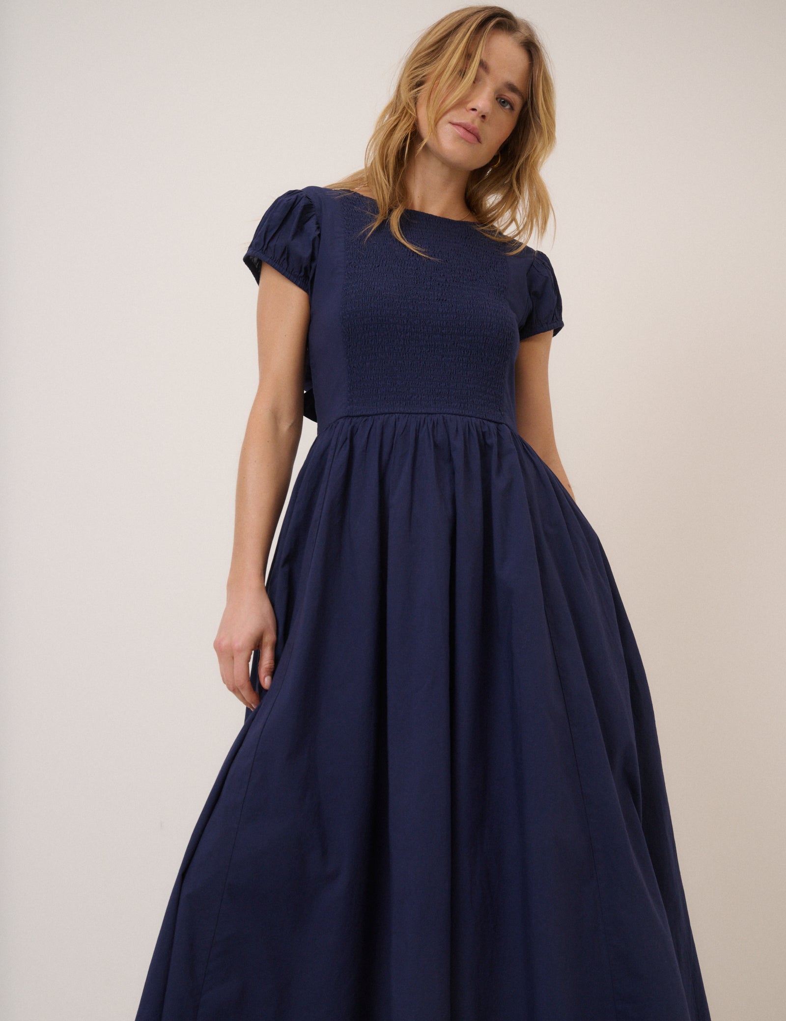 Navy Puff Sleeve Allison Midi Dress