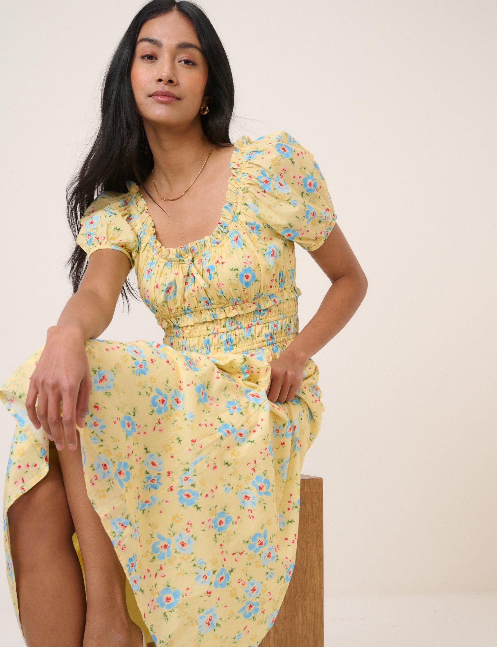 Butter Yellow Floral Ariel Midi Dress
