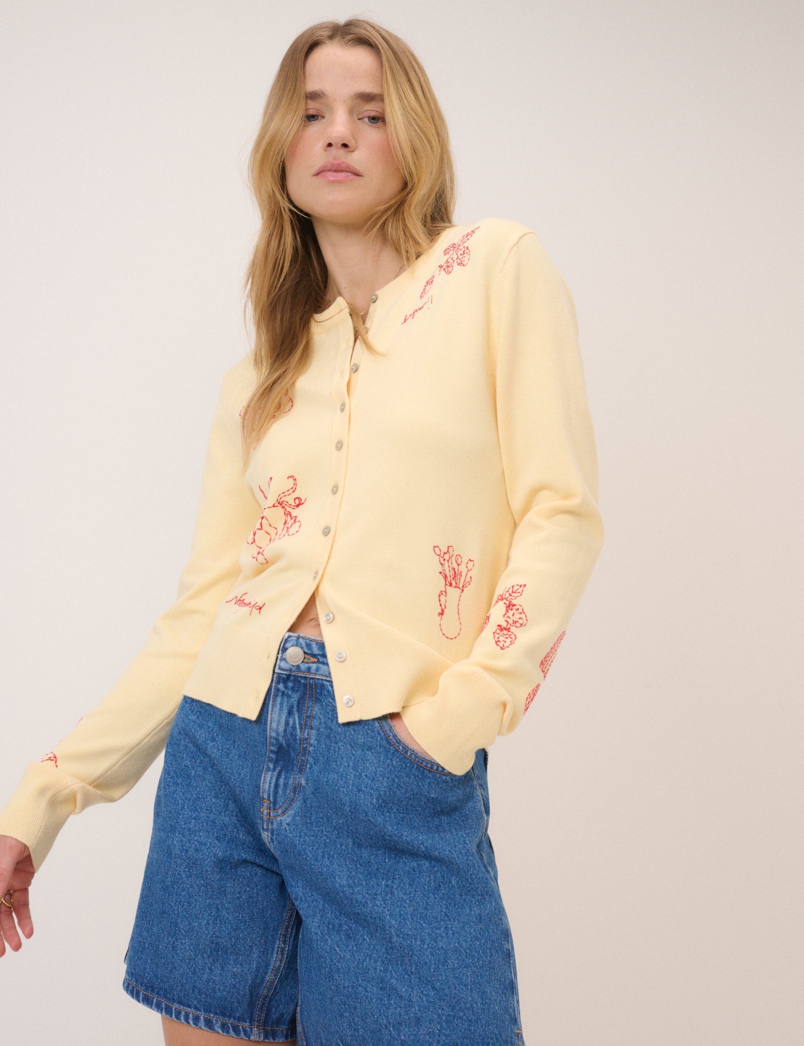 Butter Yellow Embroidered Placement Cardigan