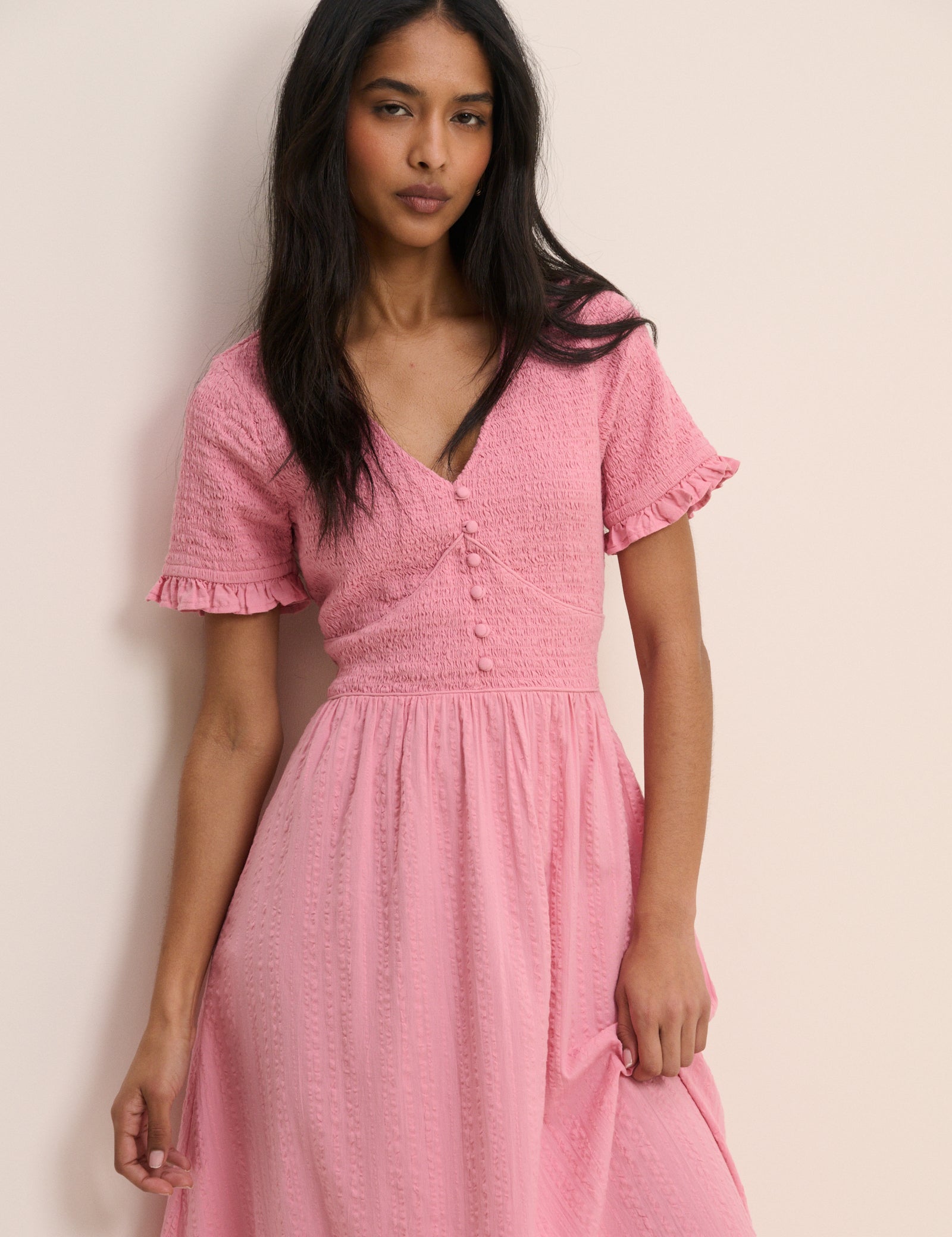 Pink Shirred V-Neck Eliza Midi Dress