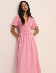 Pink Shirred V-Neck Eliza Midi Dress