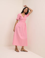 Pink Shirred V-Neck Eliza Midi Dress