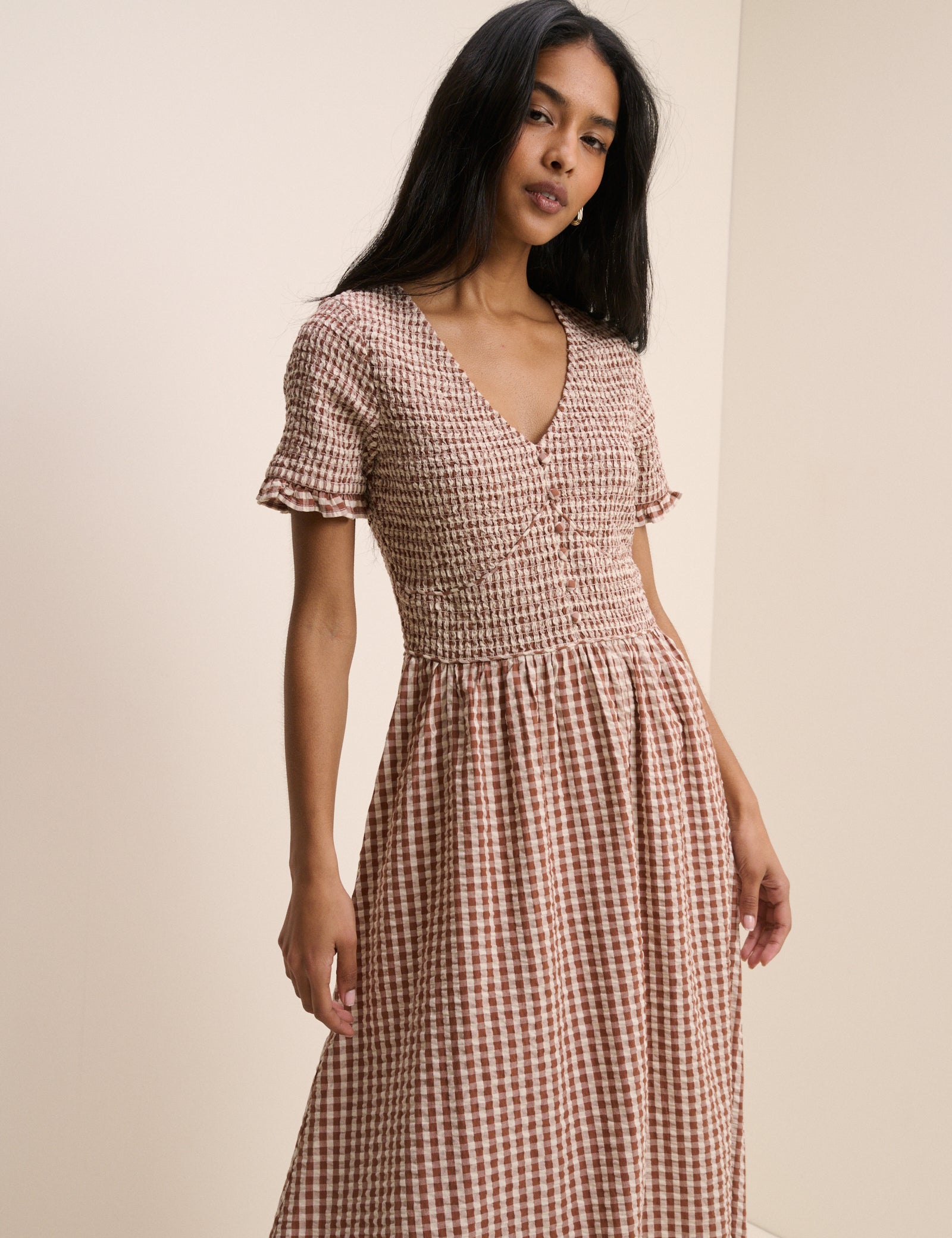 Brown Gingham Shirred Eliza Midi Dress