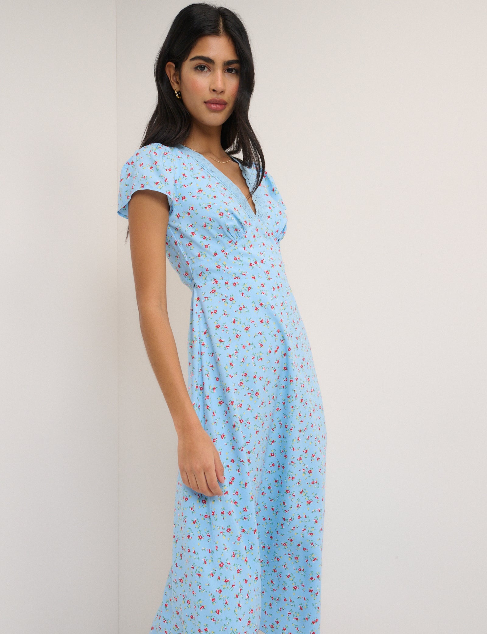 Blue Floral Lace Trim Kacey Midi Dress
