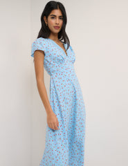 Blue Floral Lace Trim Kacey Midi Dress