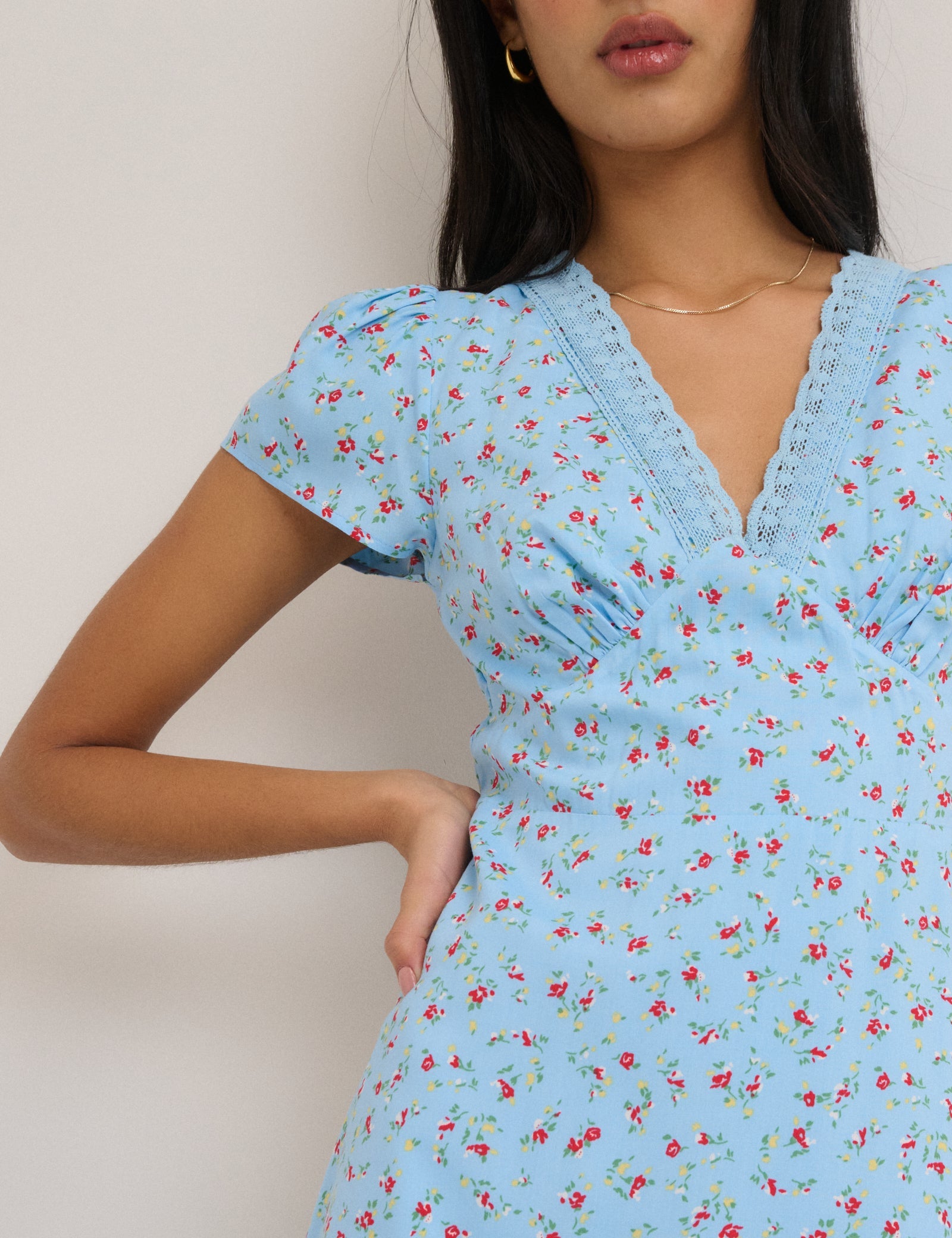 Blue Floral Lace Trim Kacey Midi Dress