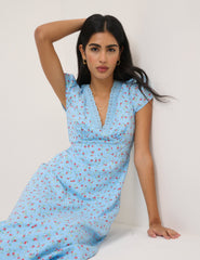 Blue Floral Lace Trim Kacey Midi Dress