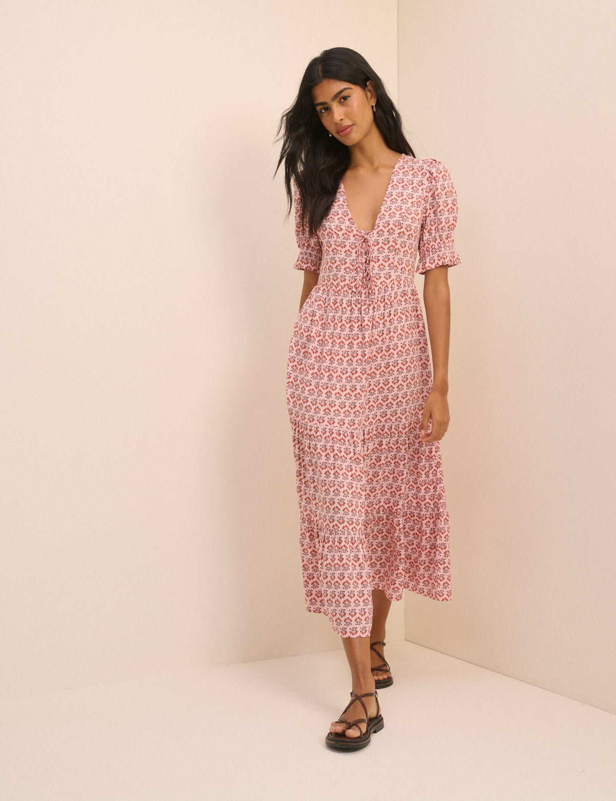 Pink Floral Puff Sleeve Lia Midi Dress