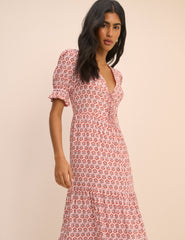 Pink Floral Puff Sleeve Lia Midi Dress