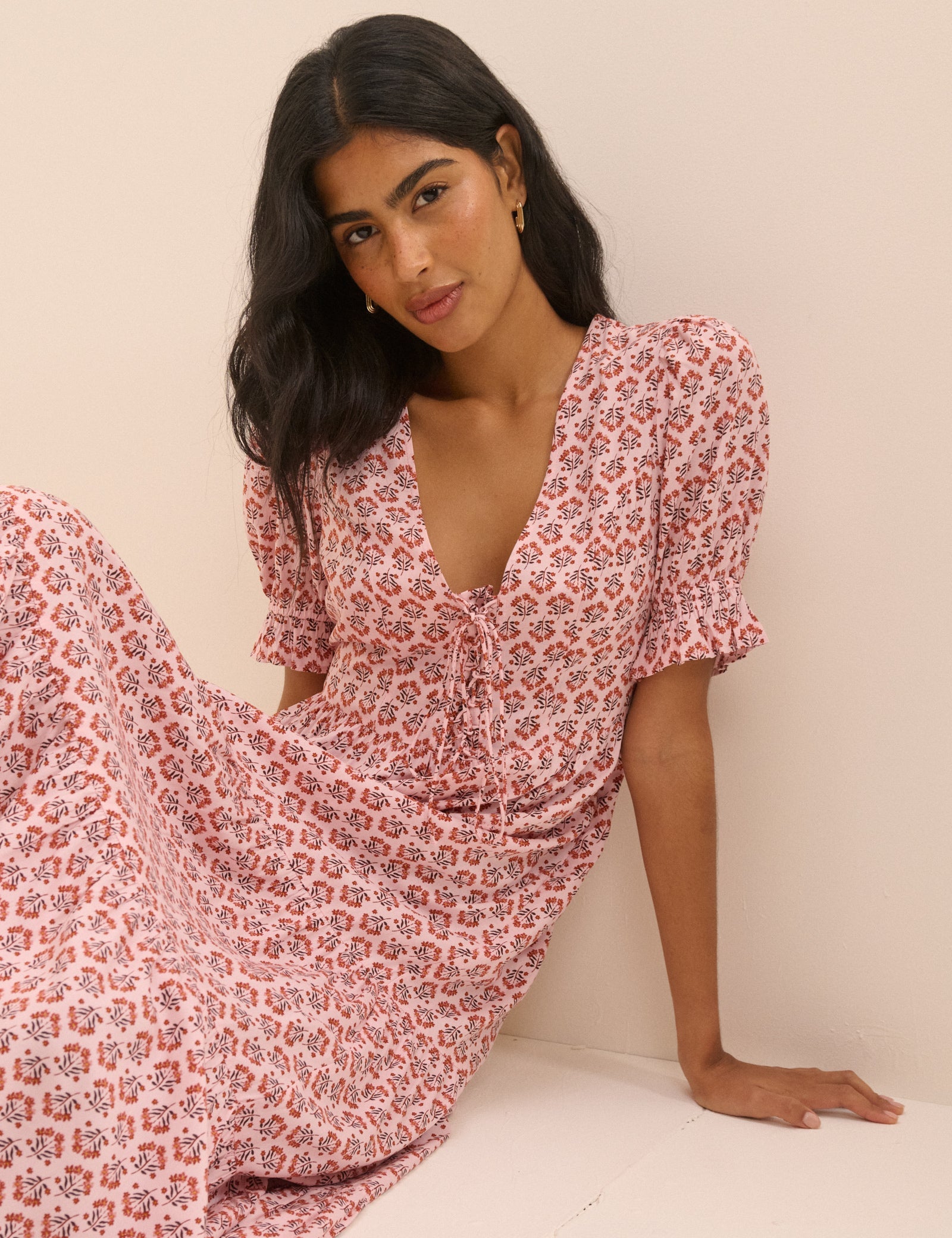 Pink Floral Puff Sleeve Lia Midi Dress