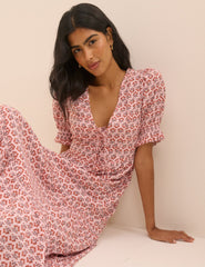Pink Floral Puff Sleeve Lia Midi Dress