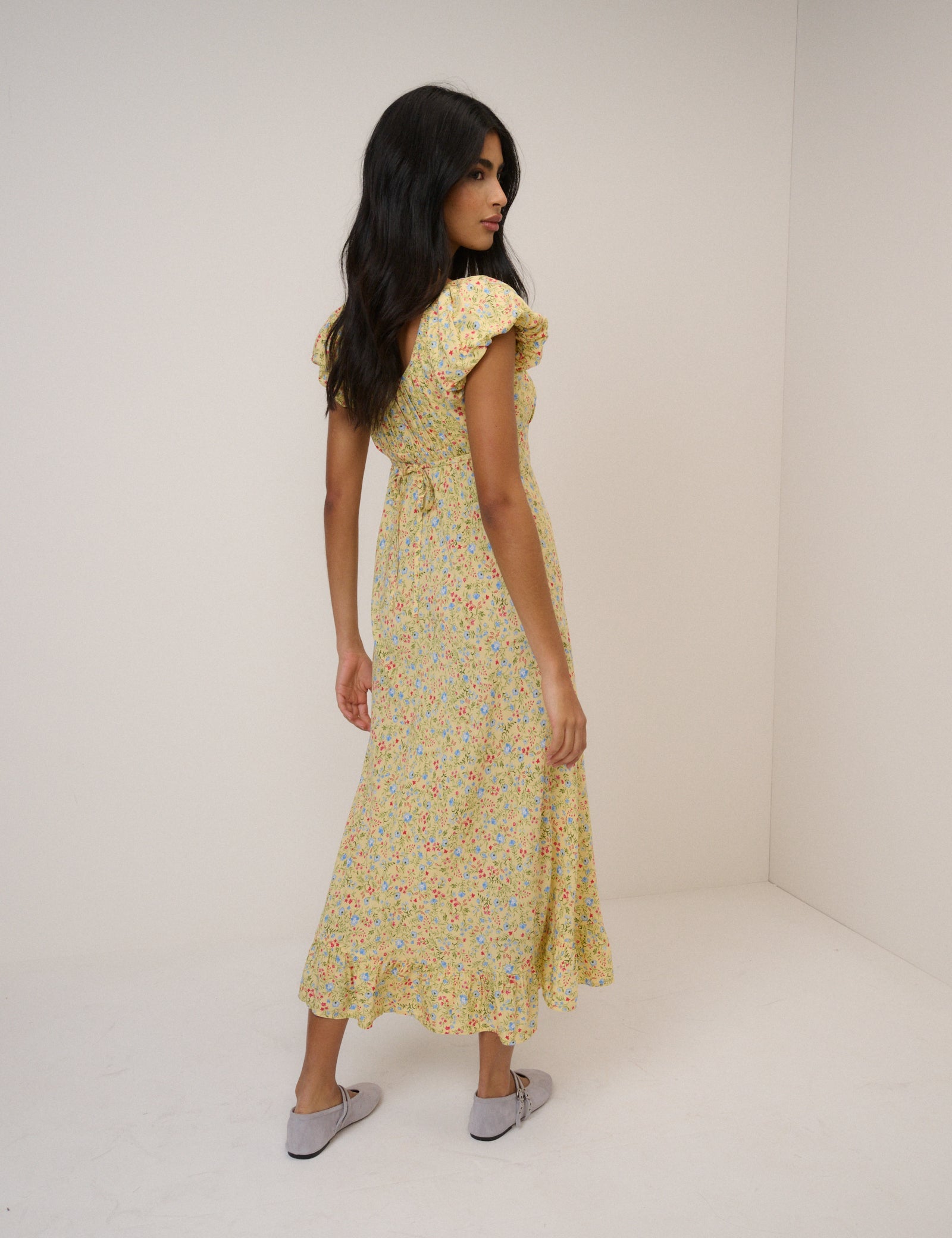 Butter Yellow Ditsy Floral Jemima Midi Dress
