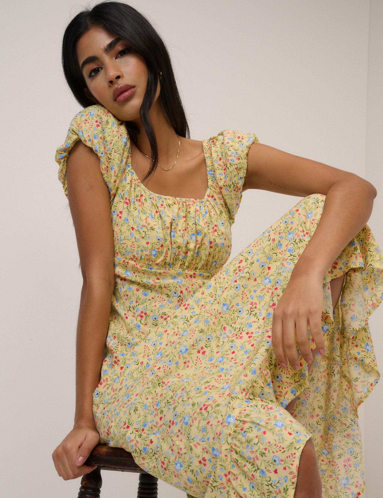 Butter Yellow Ditsy Floral Jemima Midi Dress