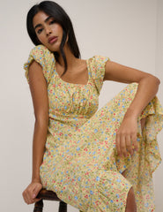 Butter Yellow Ditsy Floral Jemima Midi Dress