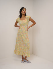 Butter Yellow Ditsy Floral Jemima Midi Dress