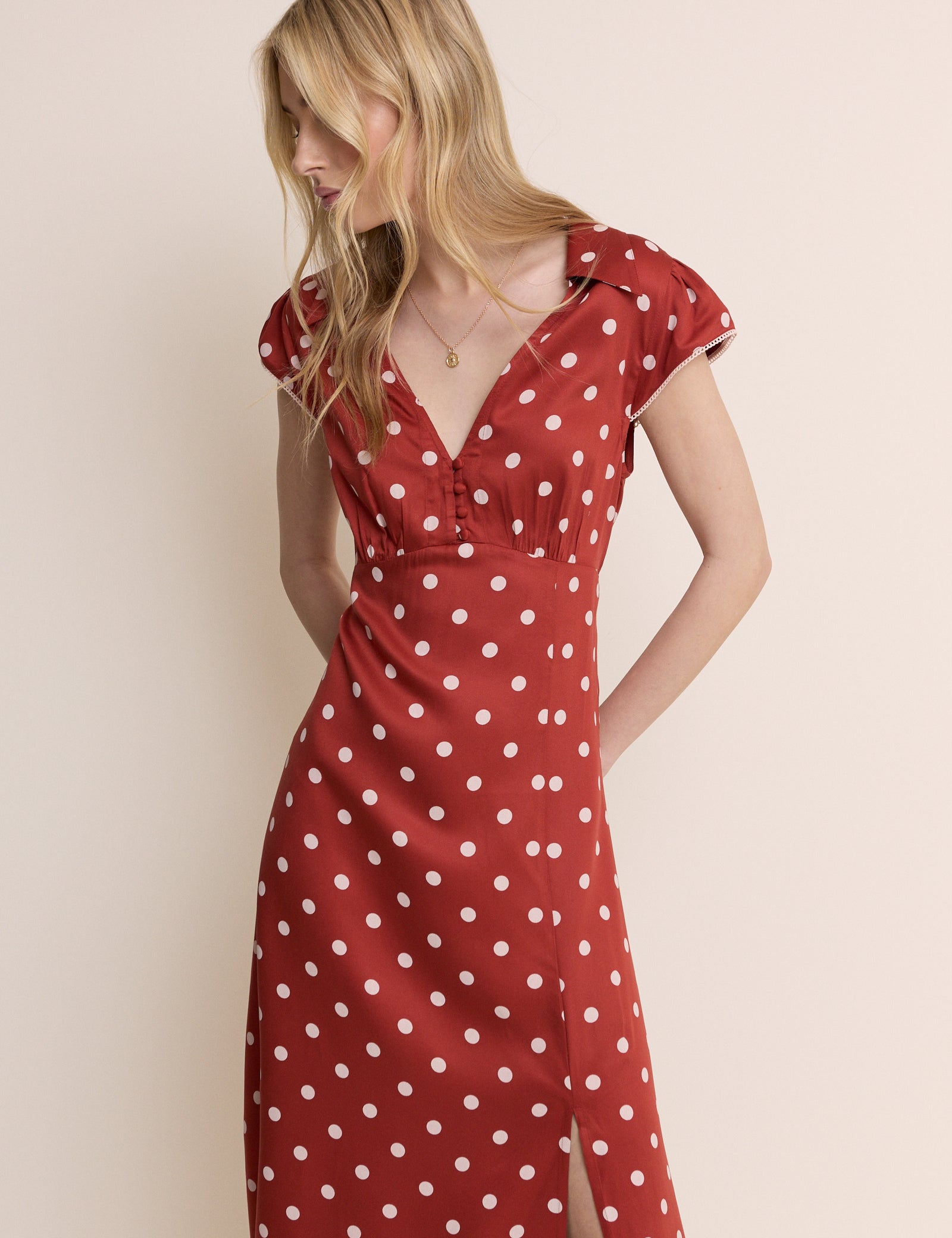 Red Polka Dot Collared Norma Midi Dress