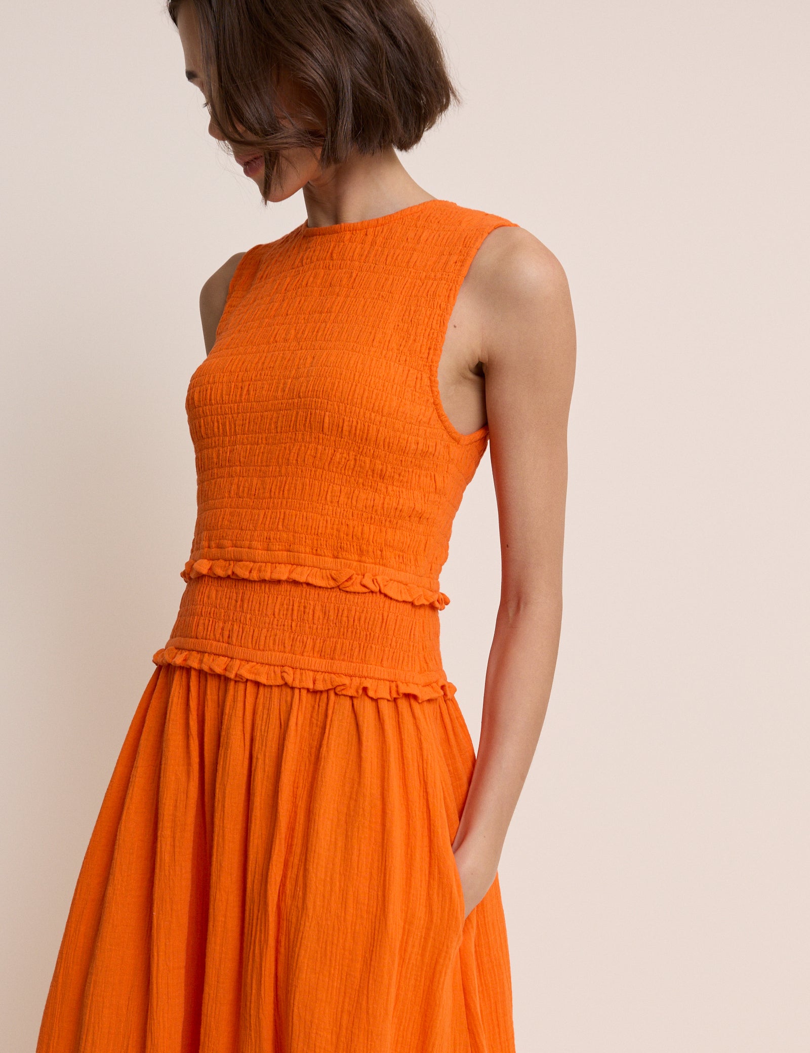Orange Shirred Bodice Ingrid Midi Dress