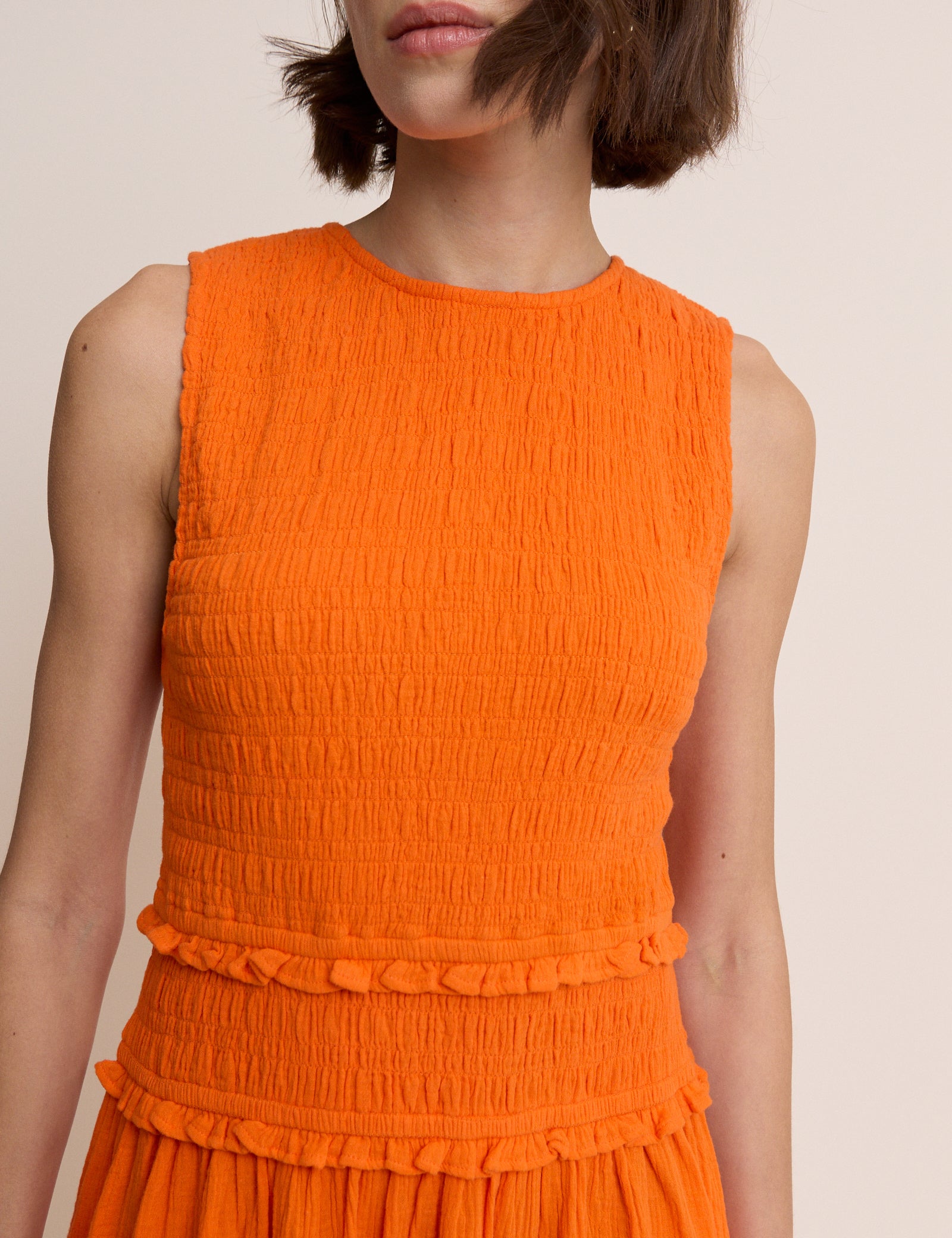Orange Shirred Bodice Ingrid Midi Dress