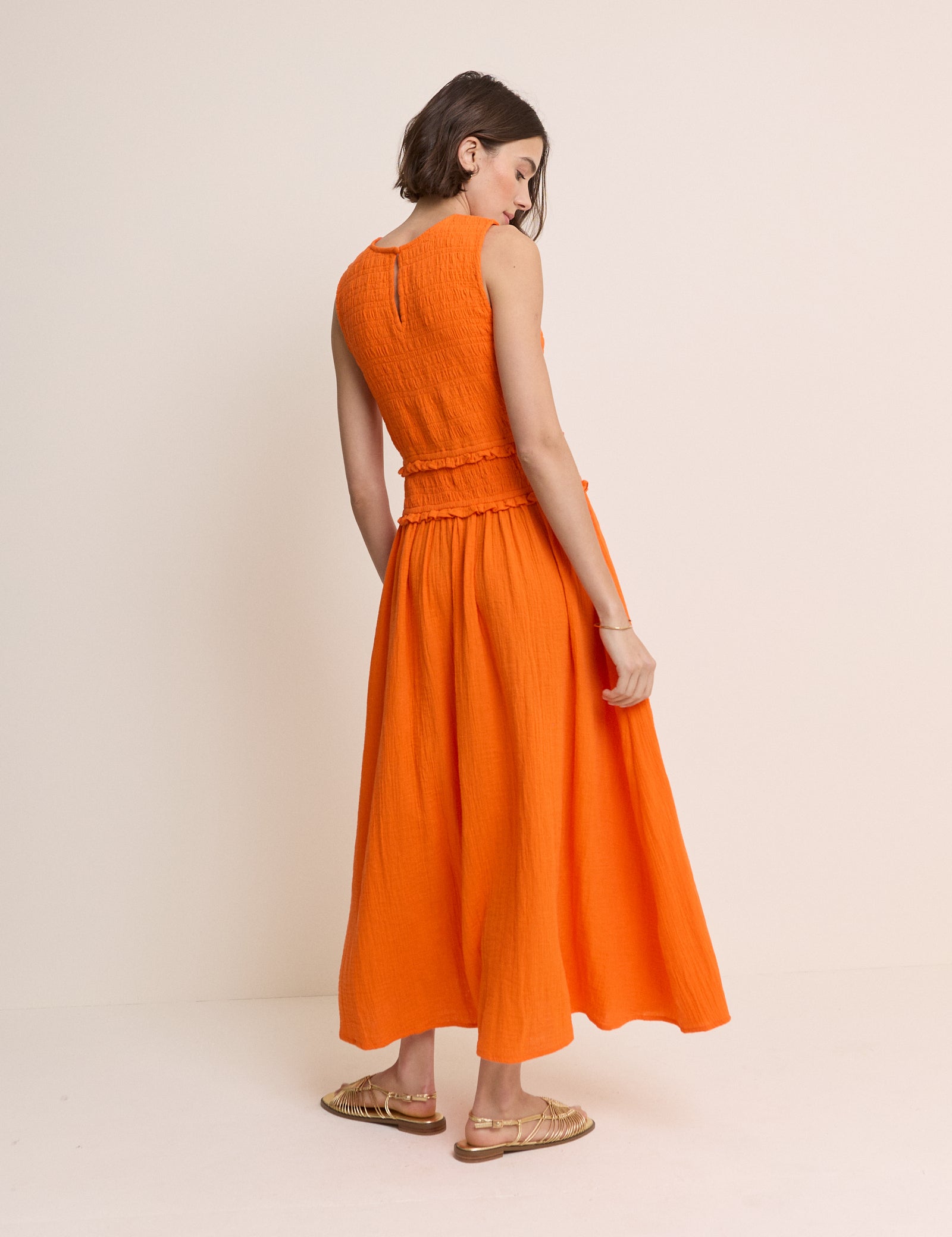 Orange Shirred Bodice Ingrid Midi Dress