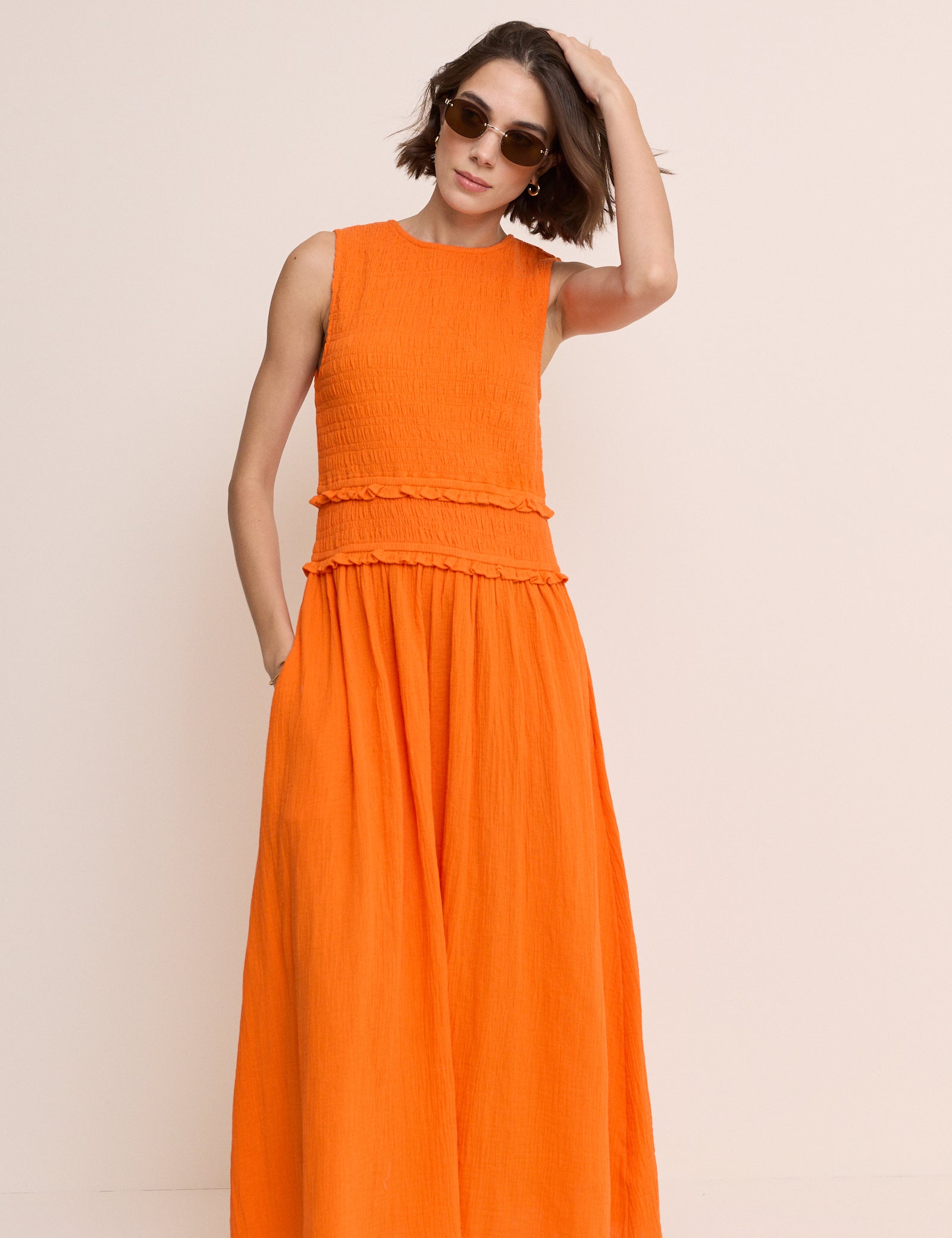 Orange Shirred Bodice Ingrid Midi Dress