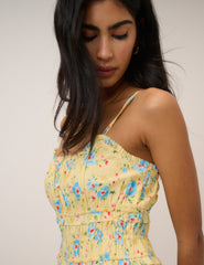 Butter Yellow Floral Shirred Waist Alina Midi Dress
