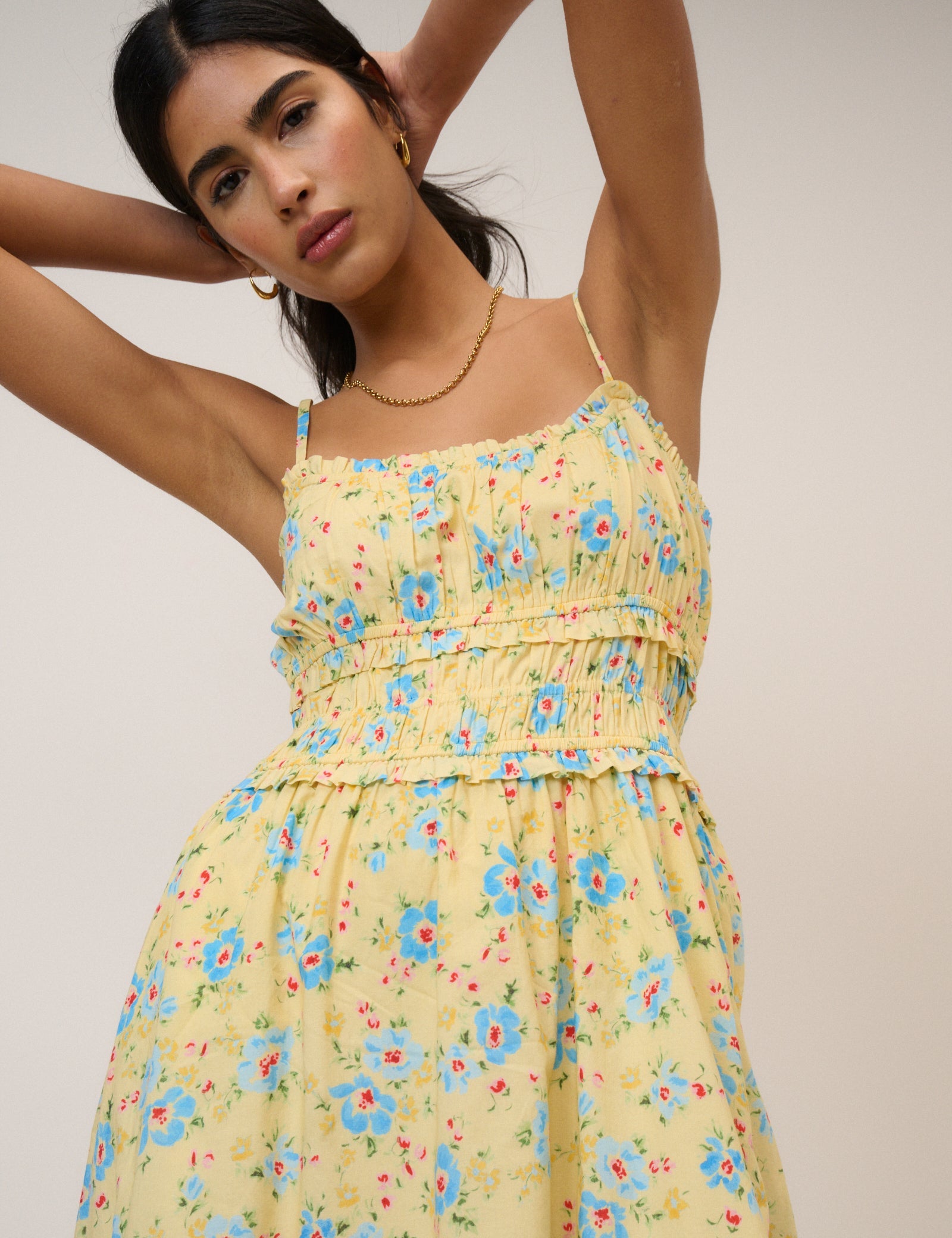 Butter Yellow Floral Shirred Waist Alina Midi Dress