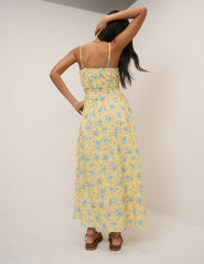 Butter Yellow Floral Shirred Waist Alina Midi Dress