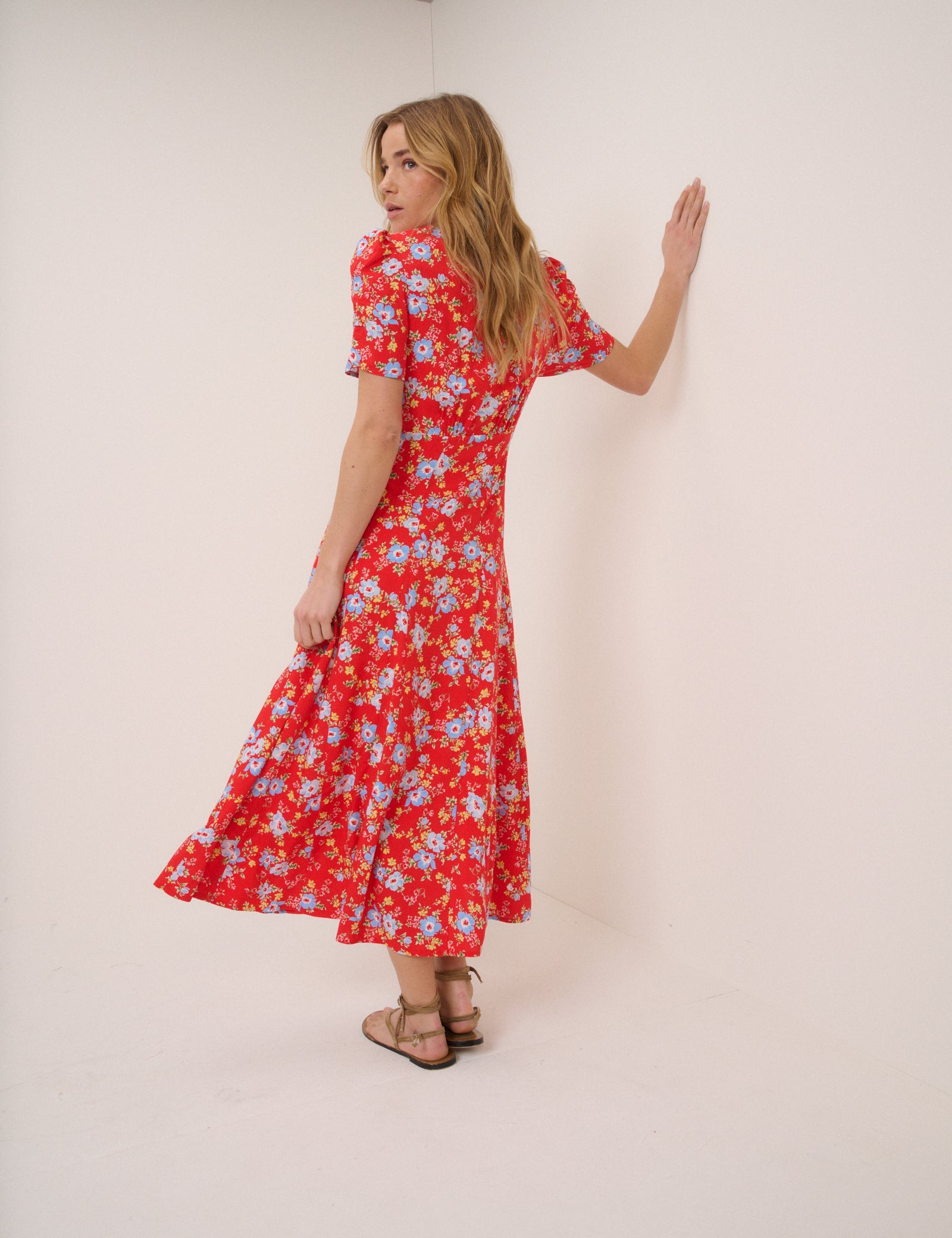 Red Floral Bonnie Midi Dress