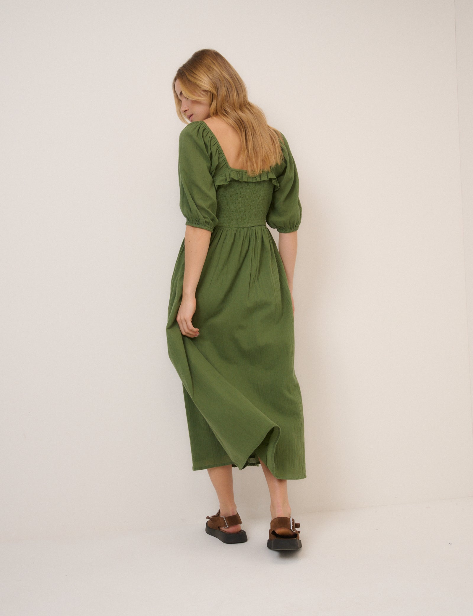 Green Puff Sleeve Annie Midi Dress