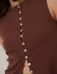 Brown Boat Neck Cropped Button Through Top