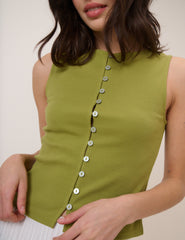 Green Boat Neck Cropped Button Through Top