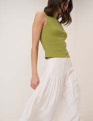 Green Boat Neck Cropped Button Through Top