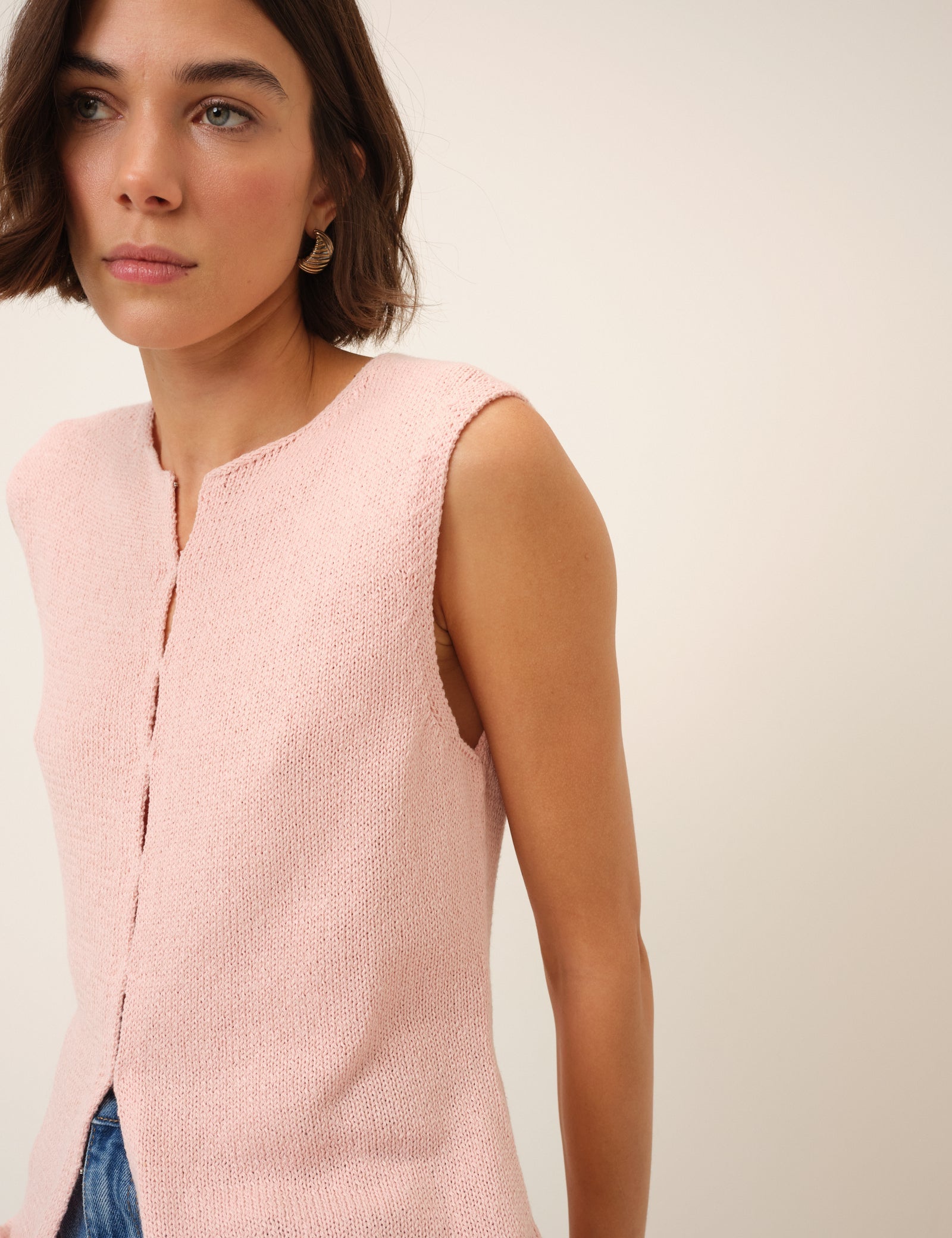 Pink Linen-Blend Sleeveless Knitted Top
