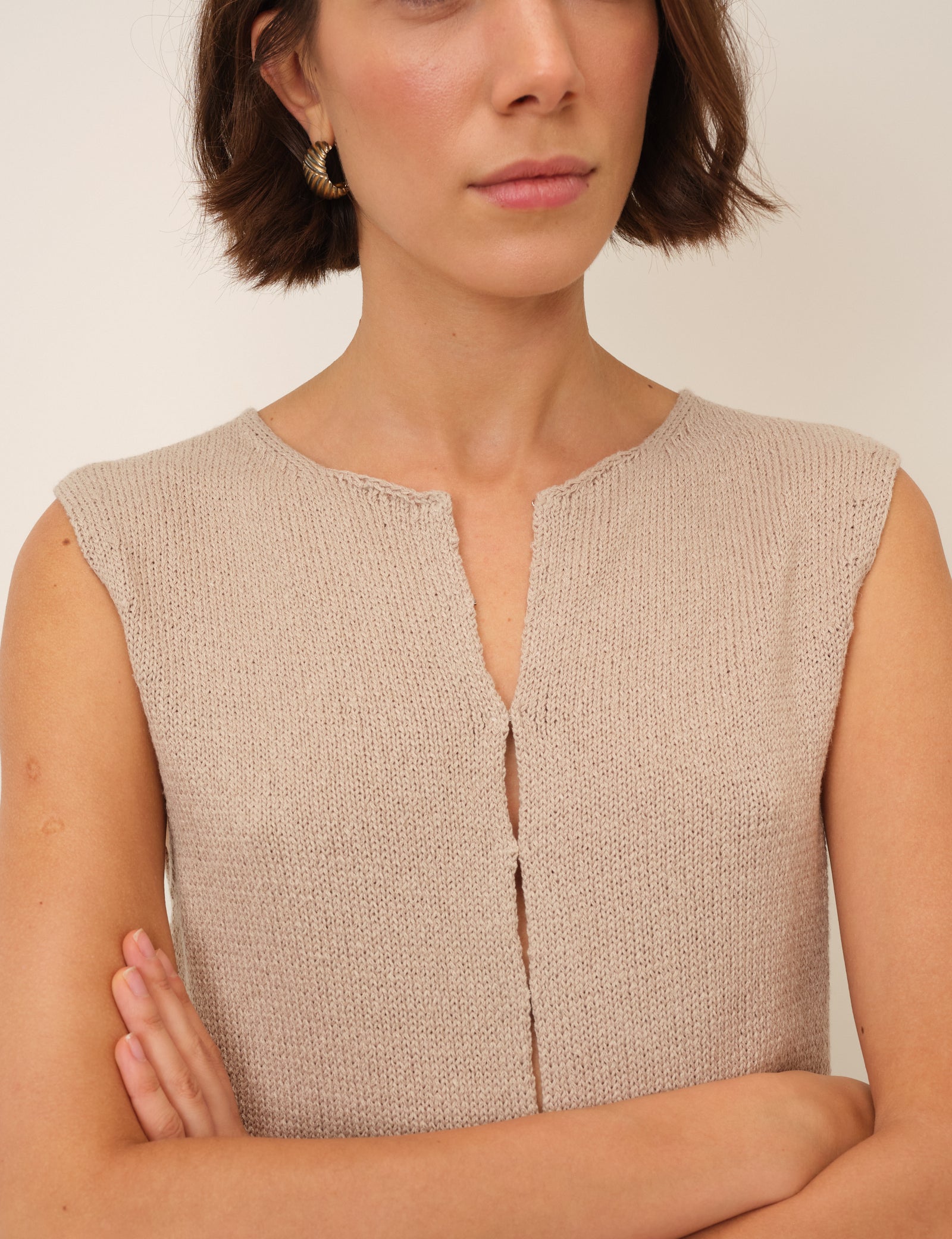 Sand Linen-Blend Sleeveless Knitted Top