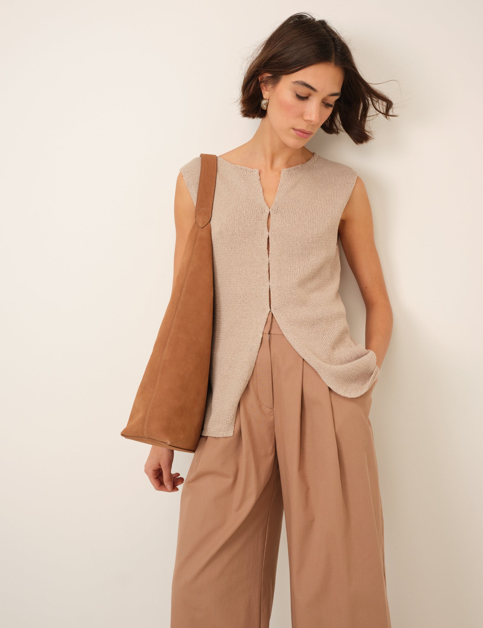Sand Linen-Blend Sleeveless Knitted Top