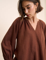 Brown Linen-Blend Blouse