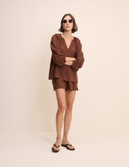 Brown Linen-Blend Blouse