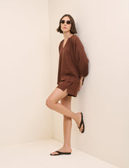 Brown Linen-Blend Blouse