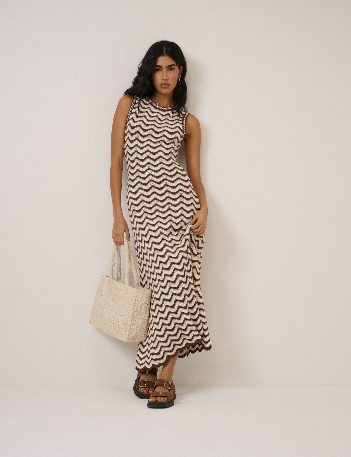 Cream And Brown Pointelle Knitted Midi Dress