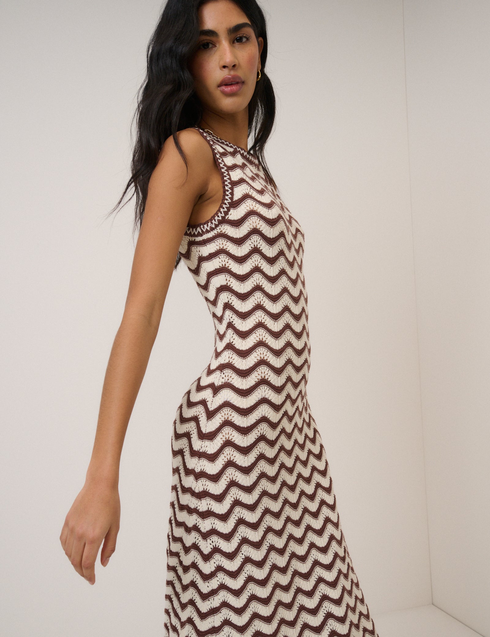 Cream And Brown Pointelle Knitted Midi Dress